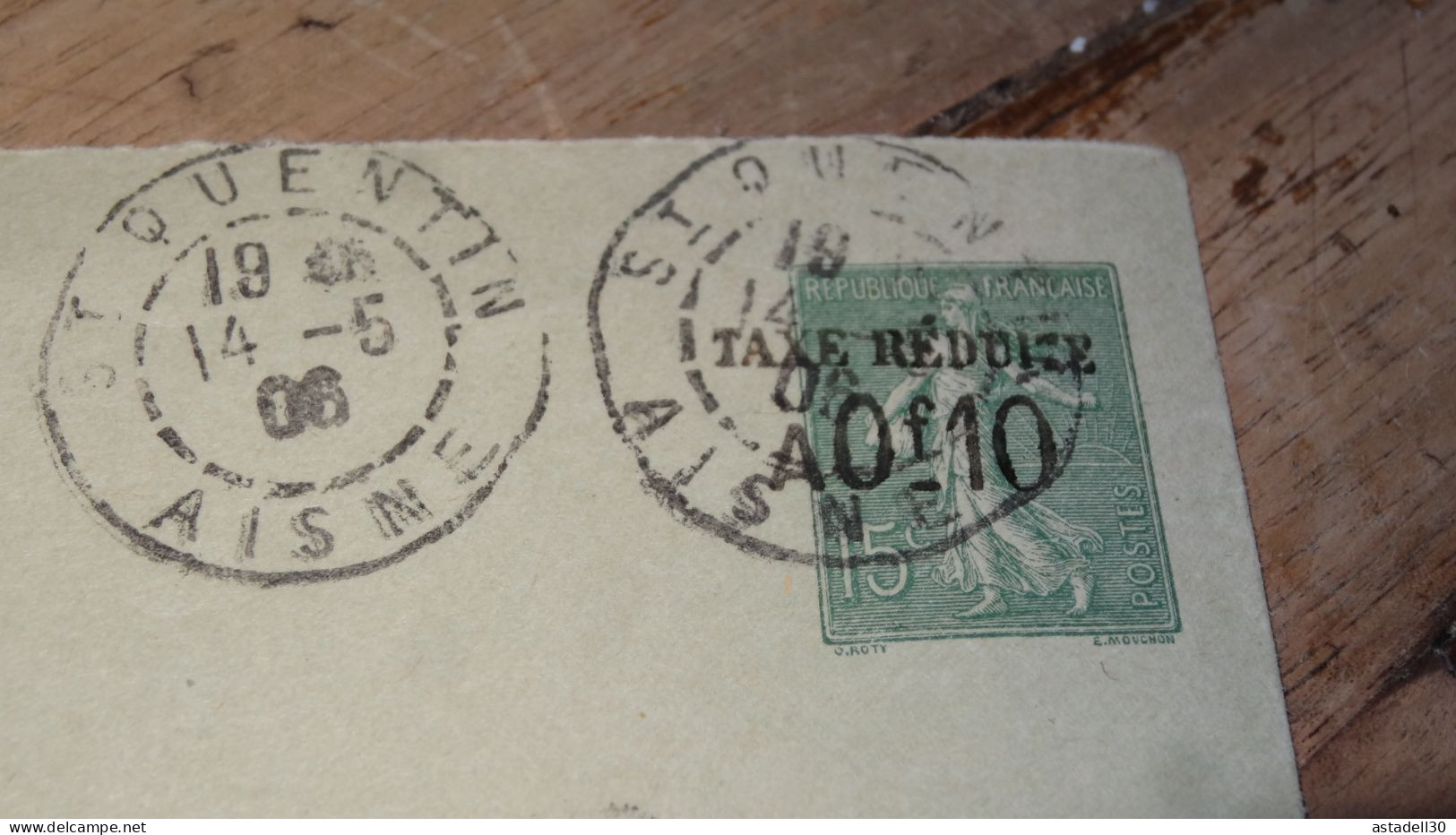 Enveloppe Entier Postal 15c Semeuse, Taxe Reduite 0f10, St Quentin 1906 ......... ..... 240424 ....... CL-13-1 - Otros & Sin Clasificación