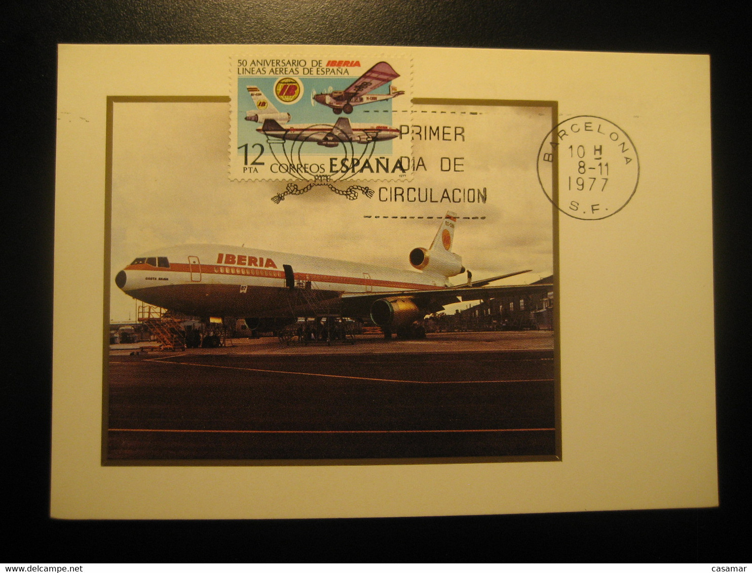 BARCELONA 1977 Iberia Airline Airlines Airways 50th Anniversary Maxi Maximum Card SPAIN - Avions