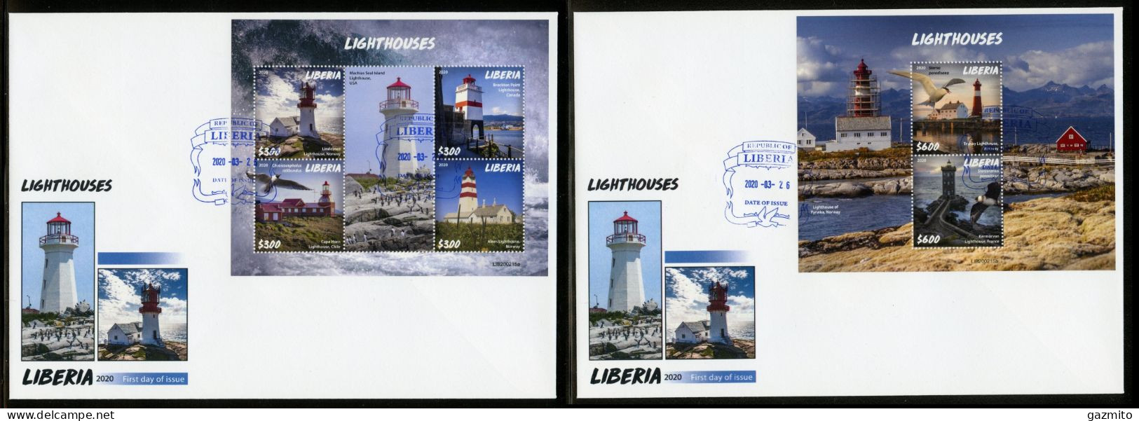 Liberia 2020, Lighthouse II, Seagulls, 4val In BF+BF In 2FDC - Phares