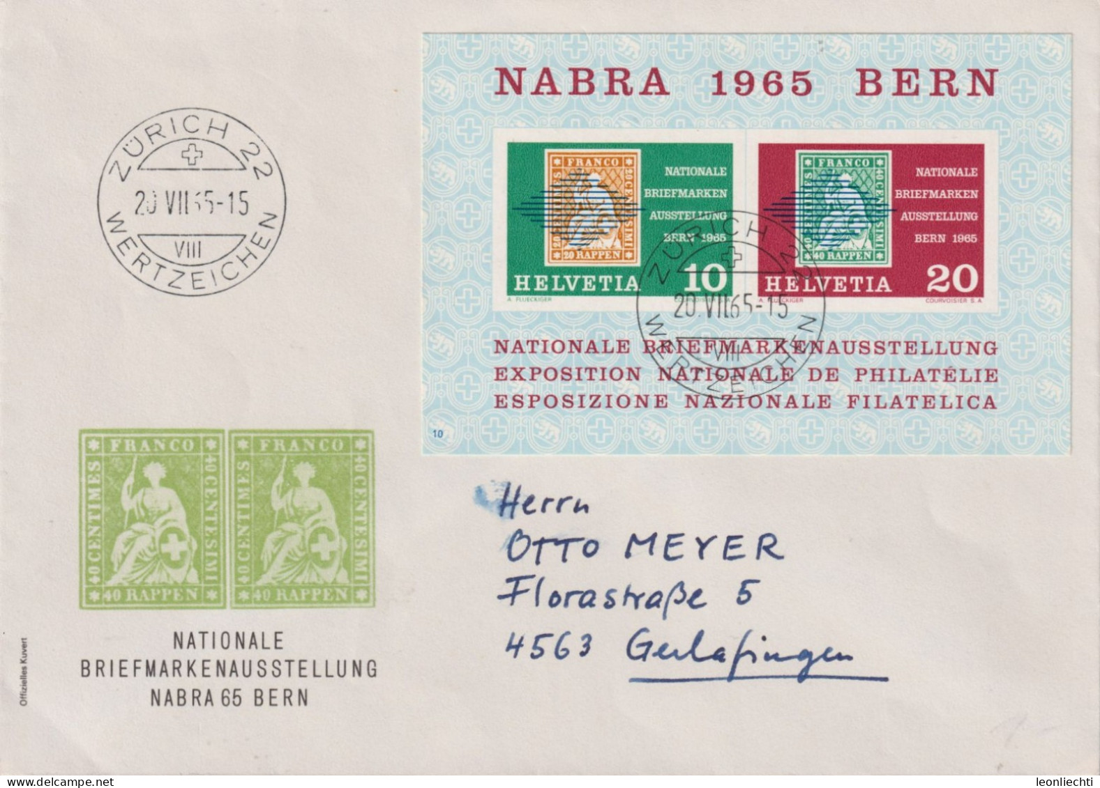 1965 Schweiz Brief, Zum:CH W43, Mi:CH: Bl.20, NATIONALE BRIEFMARKENAUSSTELLUNG NABRA 65 BERN - Exposiciones Filatélicas