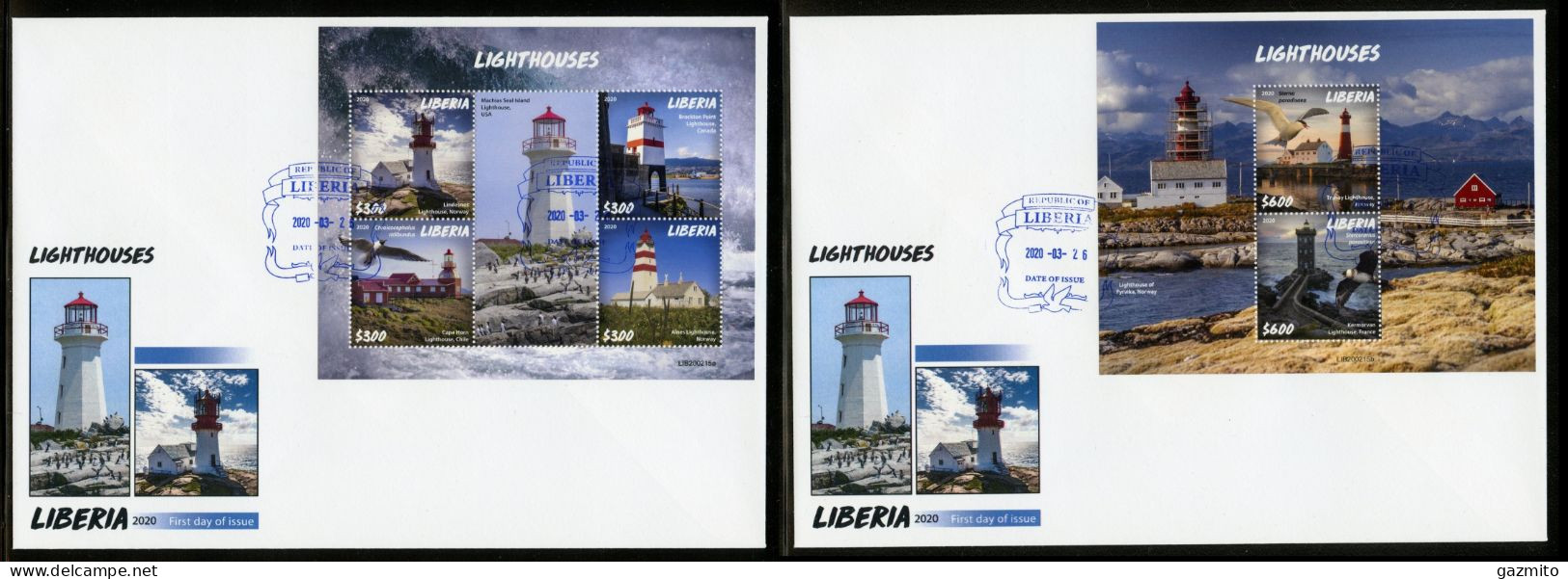 Liberia 2020, Lighthouse II, Seagulls, 4val In BF+BF In 2FDC - Albatro & Uccelli Marini