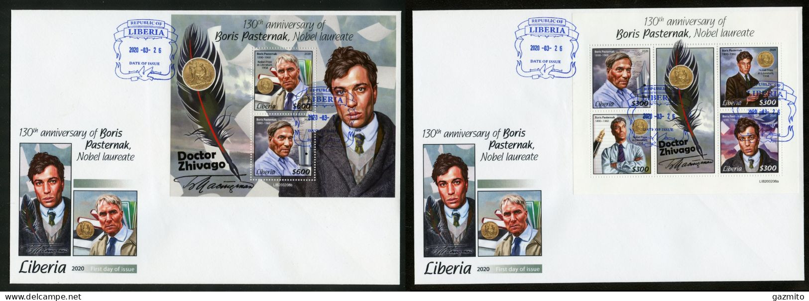 Liberia 2020, Letterature, Pasternak, 4val In BF +BF In 2FDC - Scrittori