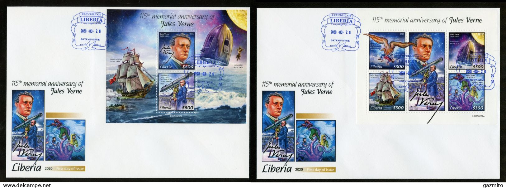 Liberia 2020, Jules Verne, 4val In BF +BF In 2FDC - Ecrivains