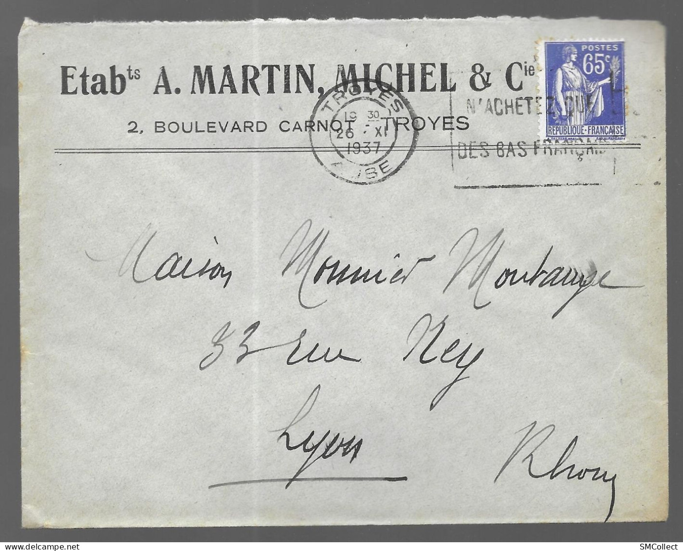 Troyes 1937. Enveloppe à En-tête Des établissements A. Martin, Michel & Cie, Voyagée Vers Lyon (AS) - 1921-1960: Modern Period