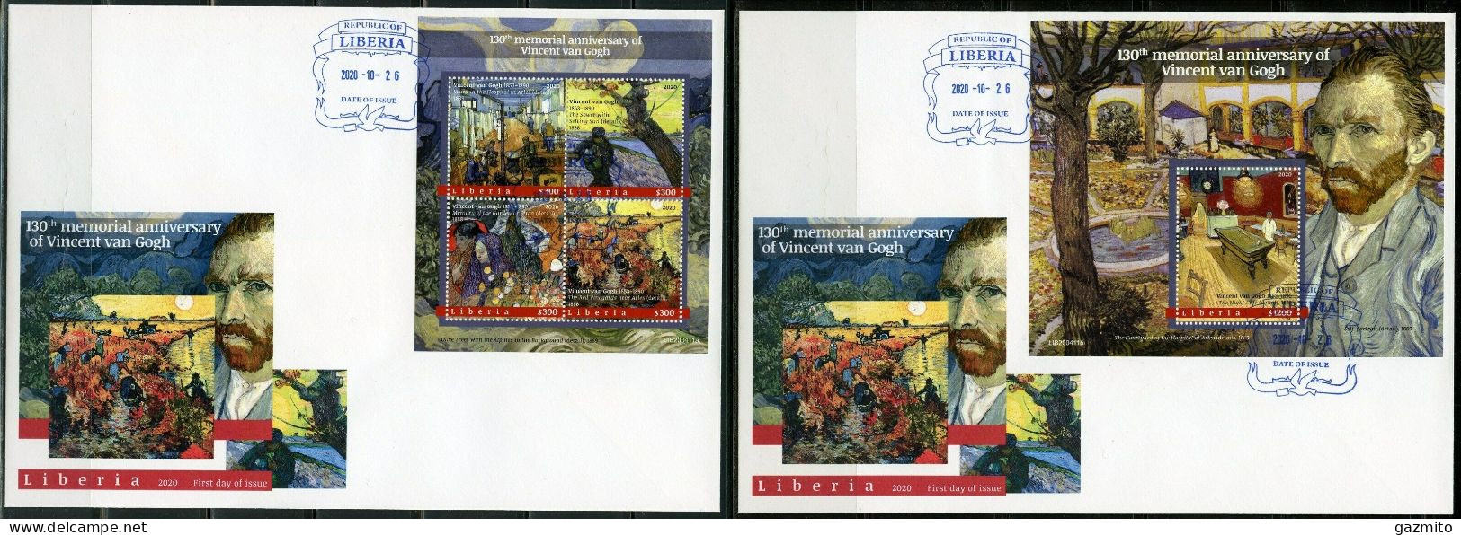 Liberia 2020, Art, Van Gogh, 4val In BF+BF In 2FDC - Modernos