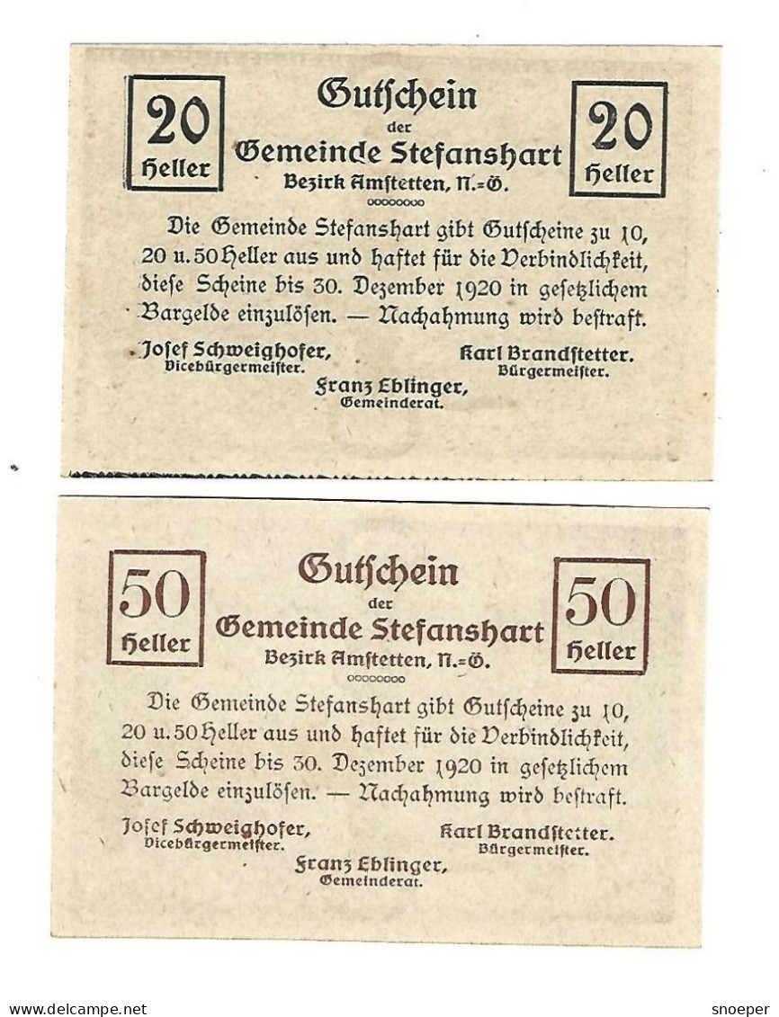 **Austria Notgeld Stefanshart  20 + 50 Heller  1013g - Oesterreich