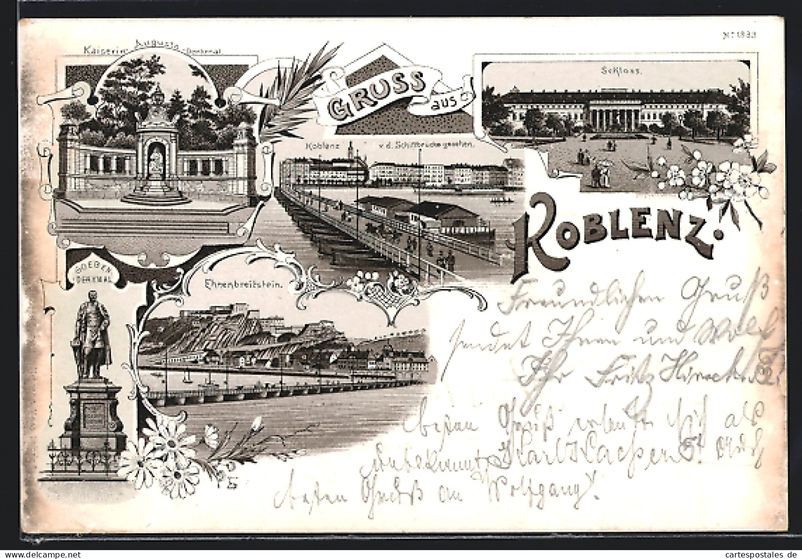 Lithographie Koblenz, Schloss, Ehrenbreitstein, Goeben-Denkmal  - Koblenz