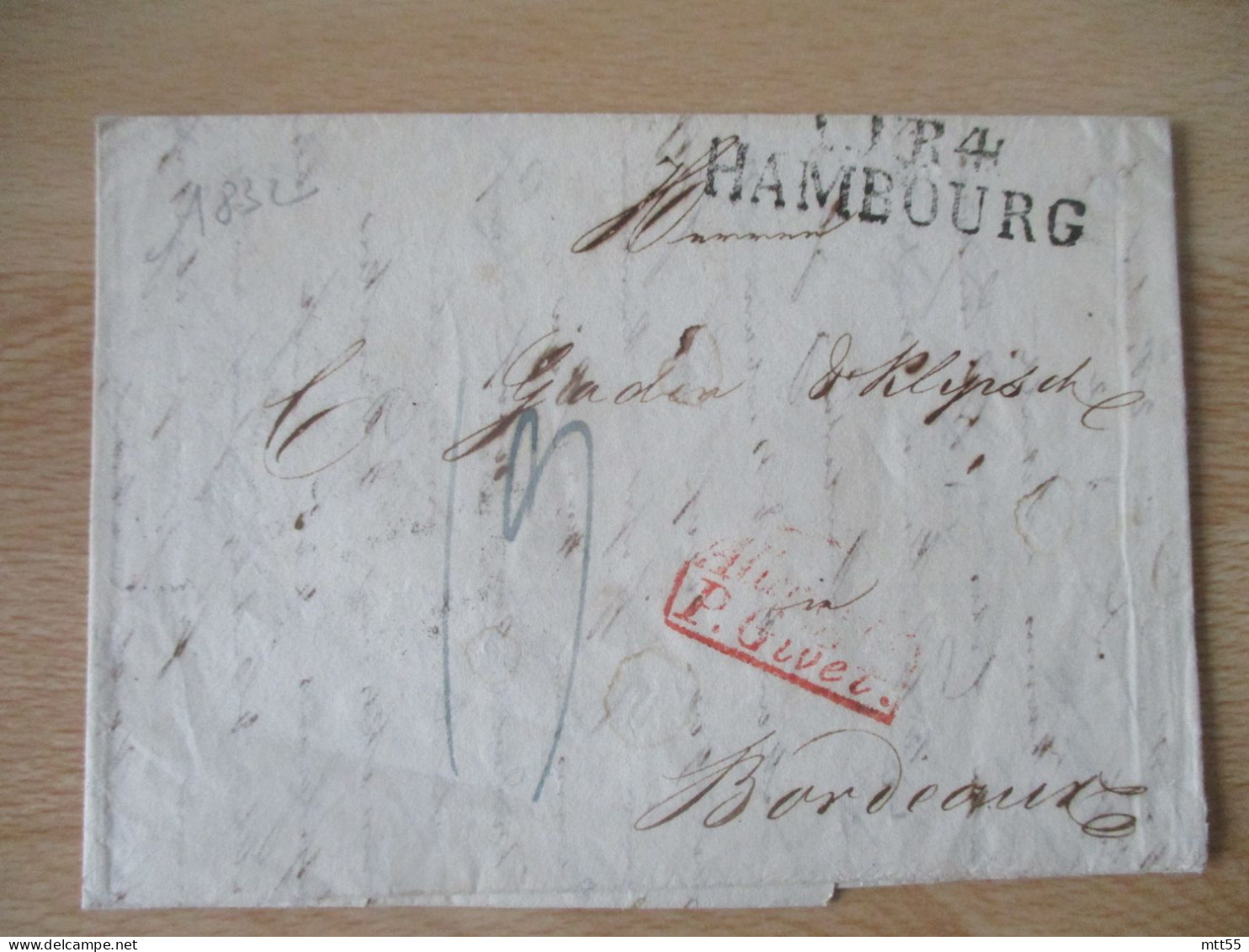 1832 CACHET ENTREE ROUGE ALLEMAGNE P GIVET LETTRE TAXRR 13 4 HAMBOURG GRIFFE LIEAIRE ALLEMAGNE - 1801-1848: Précurseurs XIX