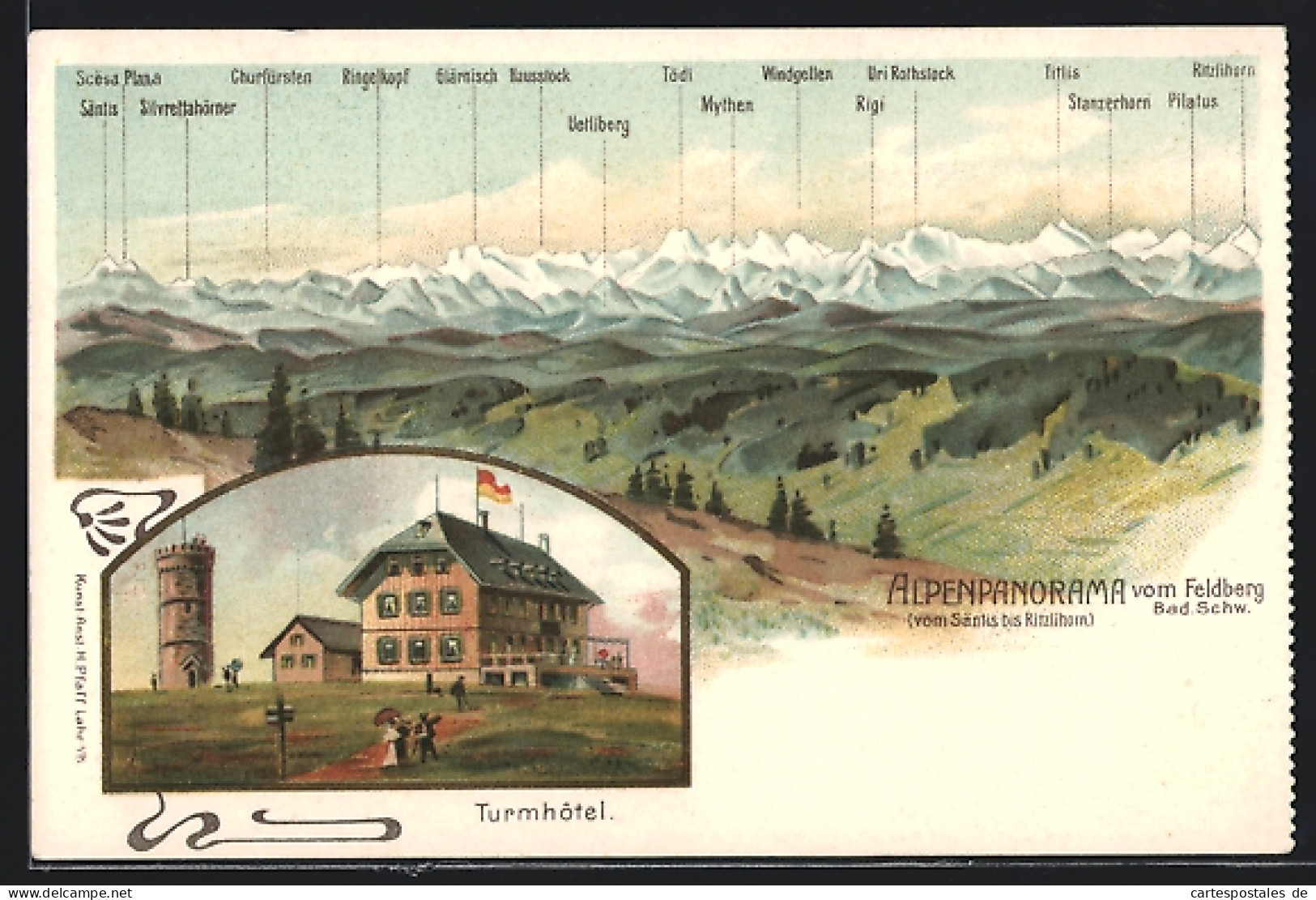 Lithographie Feldberg / Schwarzwald, Turmhotel, Alpenpanorama  - Feldberg