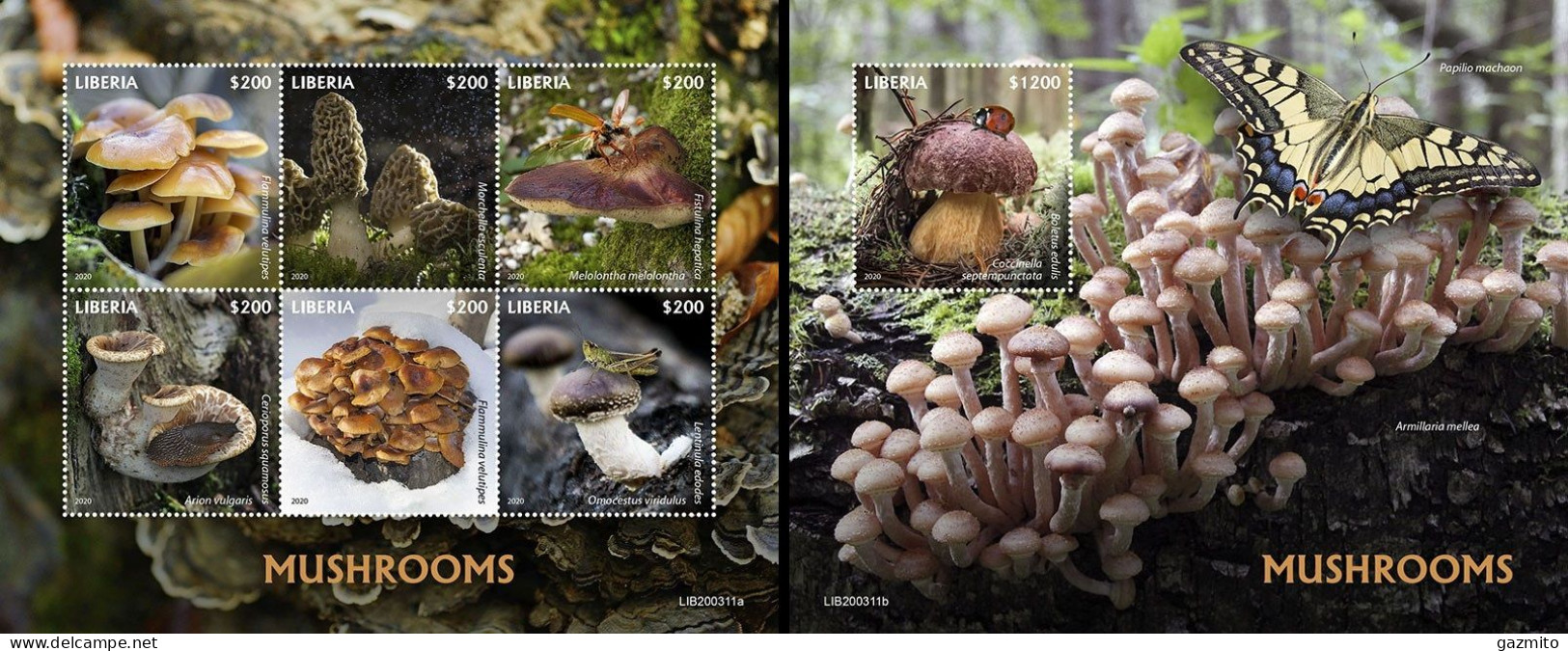 Liberia 2020, Mushrooms II, Insects, 6val In BF +BF - Liberia