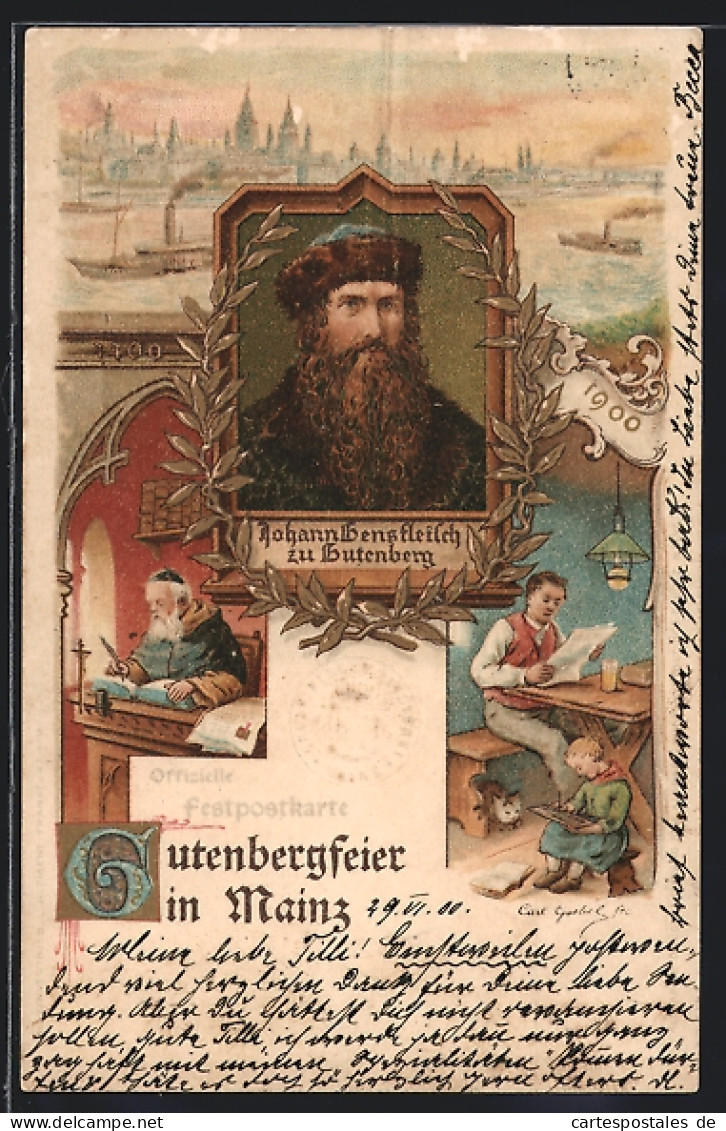 Lithographie Mainz, Johann Gensfleisch Zu Gutenberg, Portrait, Vater Liest Zeitung In Der Küche Um 1900  - Other & Unclassified