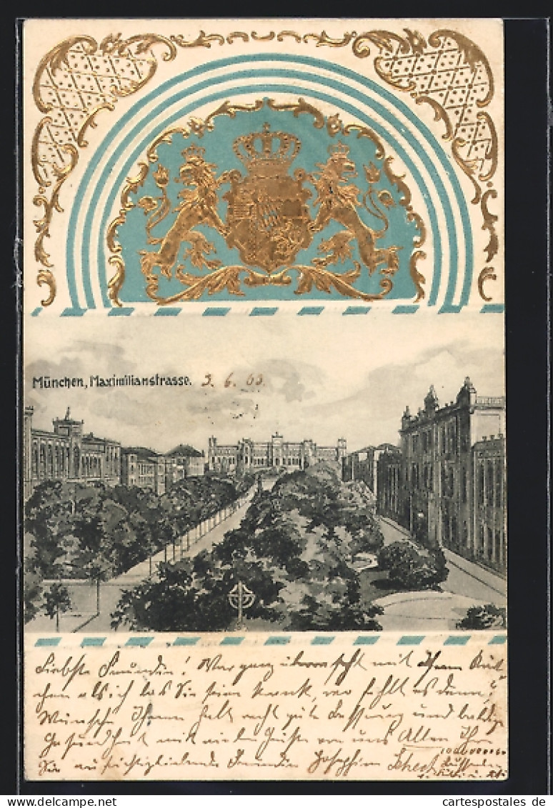 Präge-AK München, Maximilianstrasse Aus Der Vogelschau, Wappen Von Löwen Flankiert  - München
