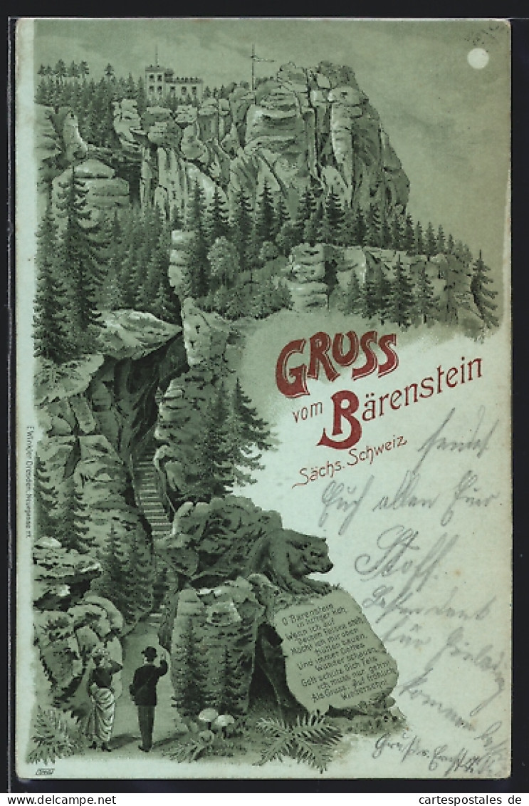 Mondschein-Lithographie Weissig /Sächs. Schweiz, Gasthaus Auf Dem Bärenstein  - Baerenstein