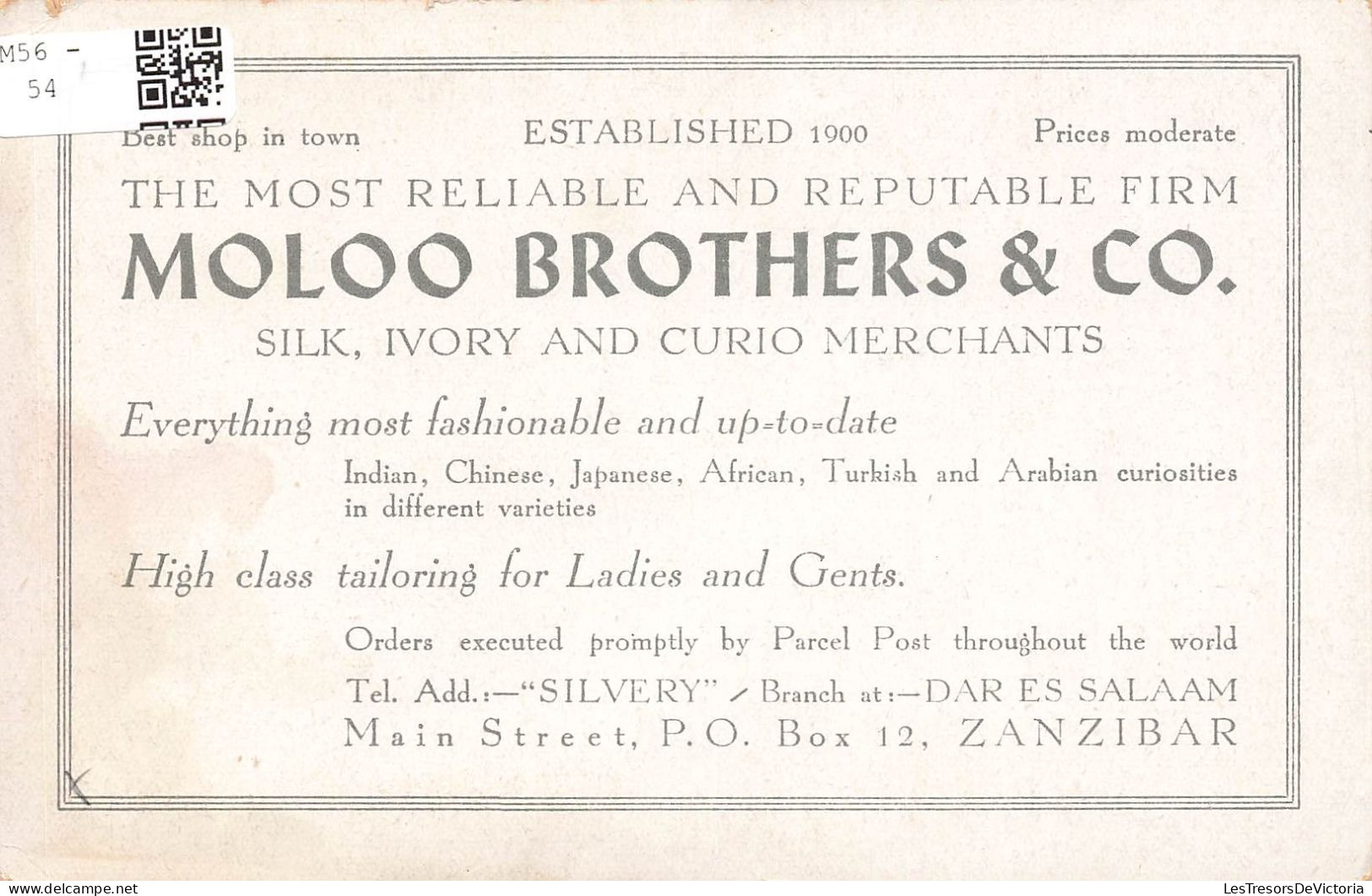TANZANIE - Moloo Brothers & Co - Silk Merchants - Zanzibar - Vue Panoramique - Animé - Carte Postale Ancienne - Tanzania