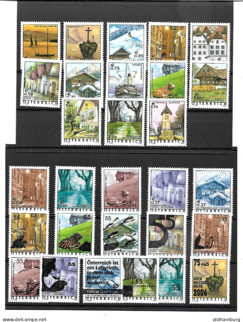 0504e: Euro- Freimarken 2002- 2006 "Ferienland Österreich" überkomplett 29 Werte ** Mit Hochwassermarke (ANK 82.-) - Unused Stamps