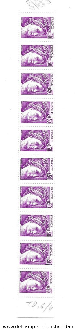 FRANCE N° 1969 0.50 VIOLET TYPE SABINE SANS PHOSPHORE TOTAL BANDE DE 10 NEUF SANS CHARNIERE - Unused Stamps