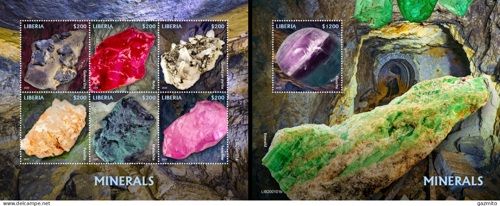 Liberia 2020, Minerals, 6val In Block +Block - Minerales