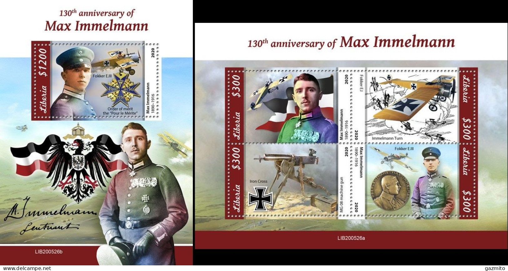 Liberia 2020, Max Immelmann, Plane, WWI, 4val In BF+BF - Airplanes