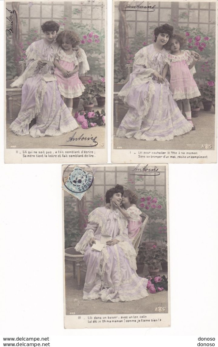 ENFANT, Mère Et Fille, Lili  3 CPA  Coloré  Circulé Cachet De 1905 - Gruppen Von Kindern Und Familien