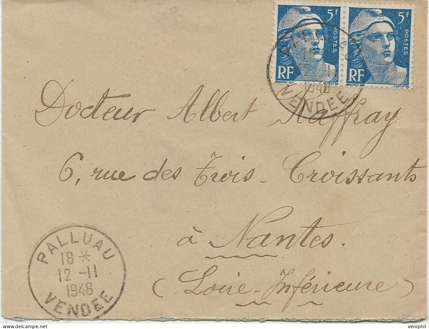 LETTRE AFFRANCHIE PAIRE N°719 B YTPE GANDON -OBLITERATION CAD PALLUAU -VENDEE 12.11.1948 - Mechanical Postmarks (Other)