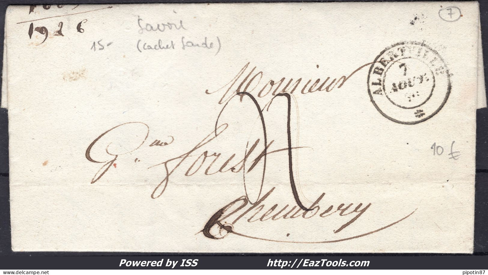 FRANCE MARQUE POSTALE POUR CHAMBERY AVEC CAD SARDE ALBERTVILLE DU 07/08/1850 - 1801-1848: Precursors XIX