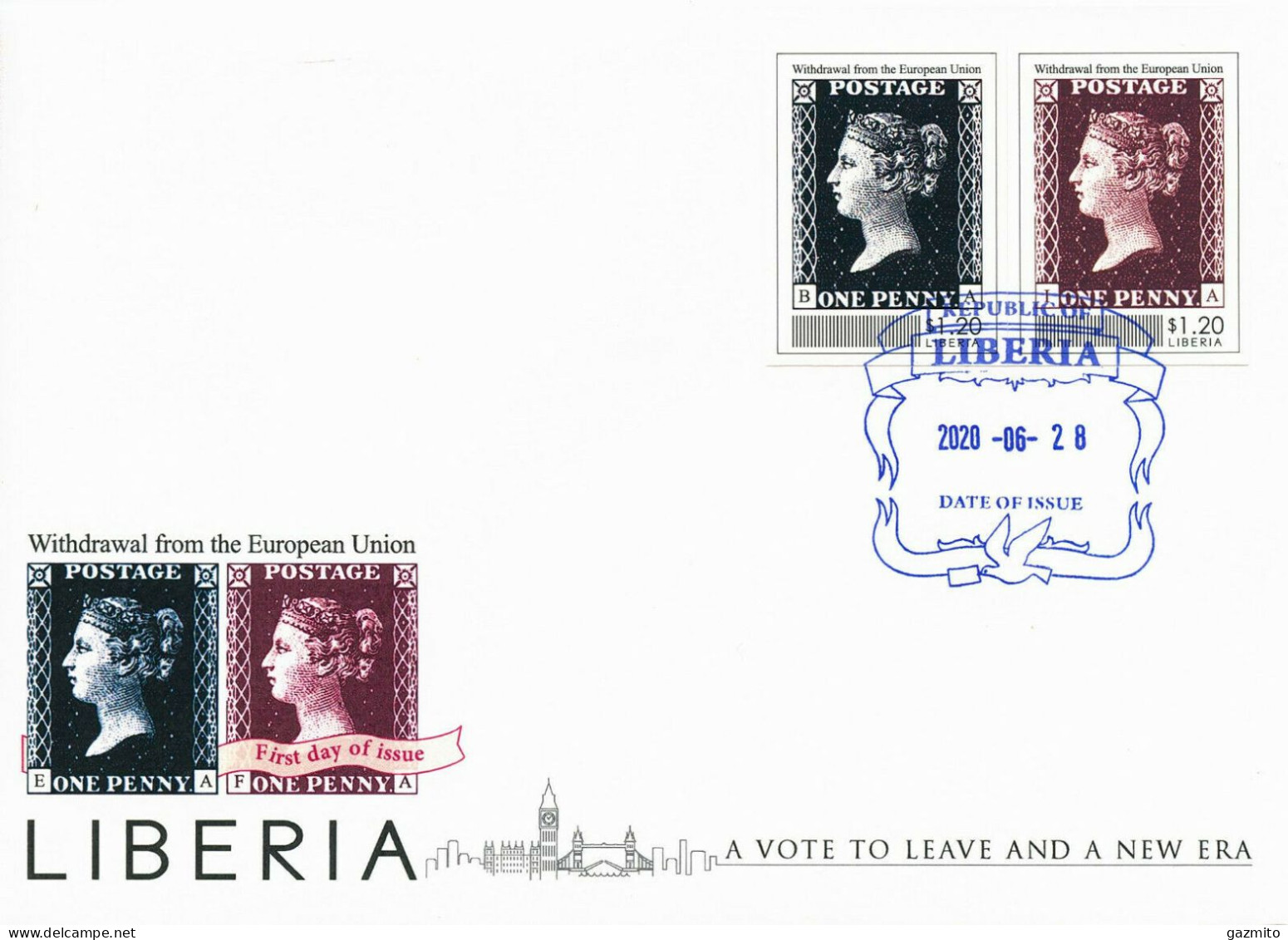 Liberia 2020, Penny Black, 2val In FDC - Postzegels Op Postzegels