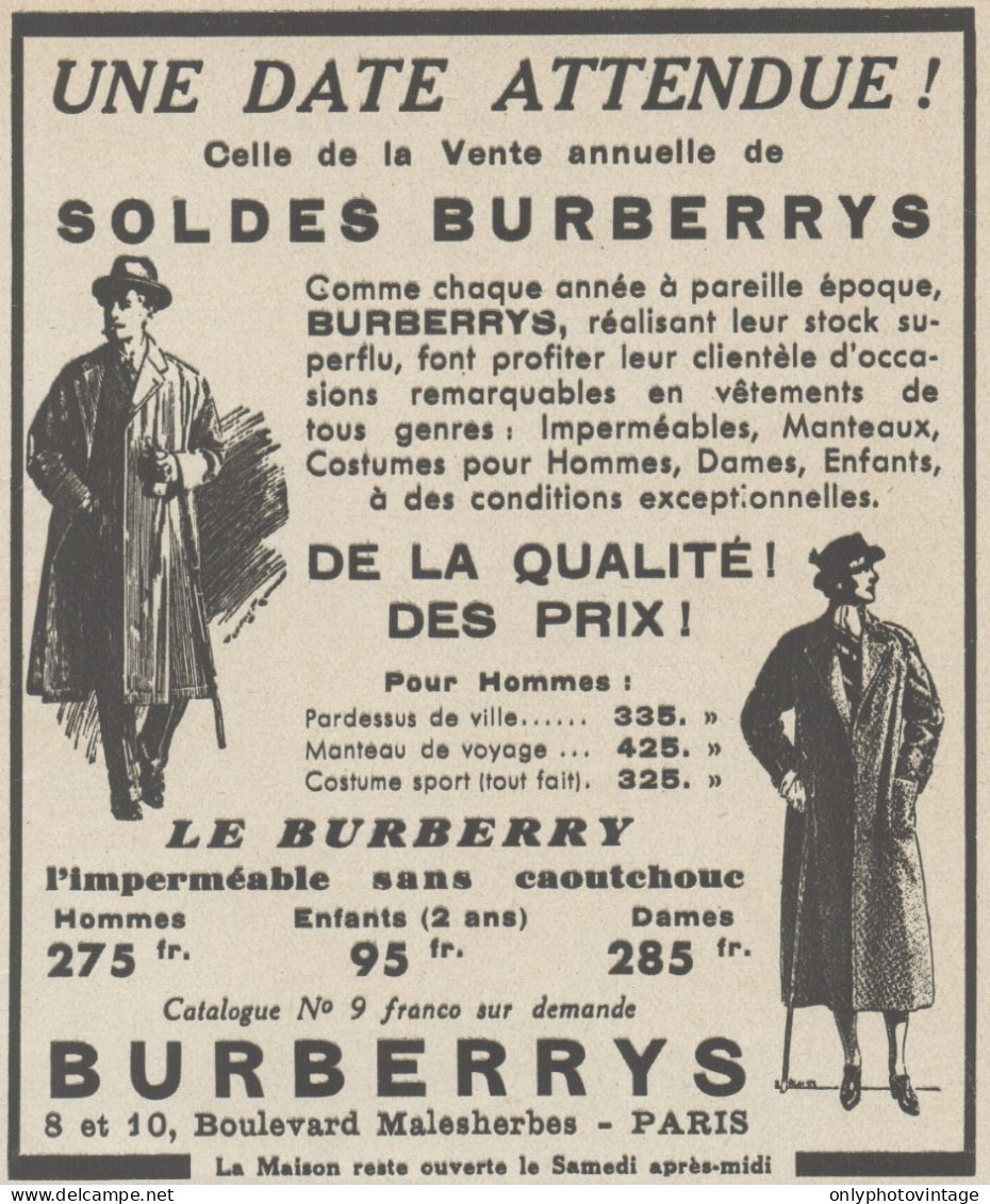 Vente Annuelle De Soldes BURBERRYS - Pubblicità D'epoca - 1937 Old Advert - Werbung