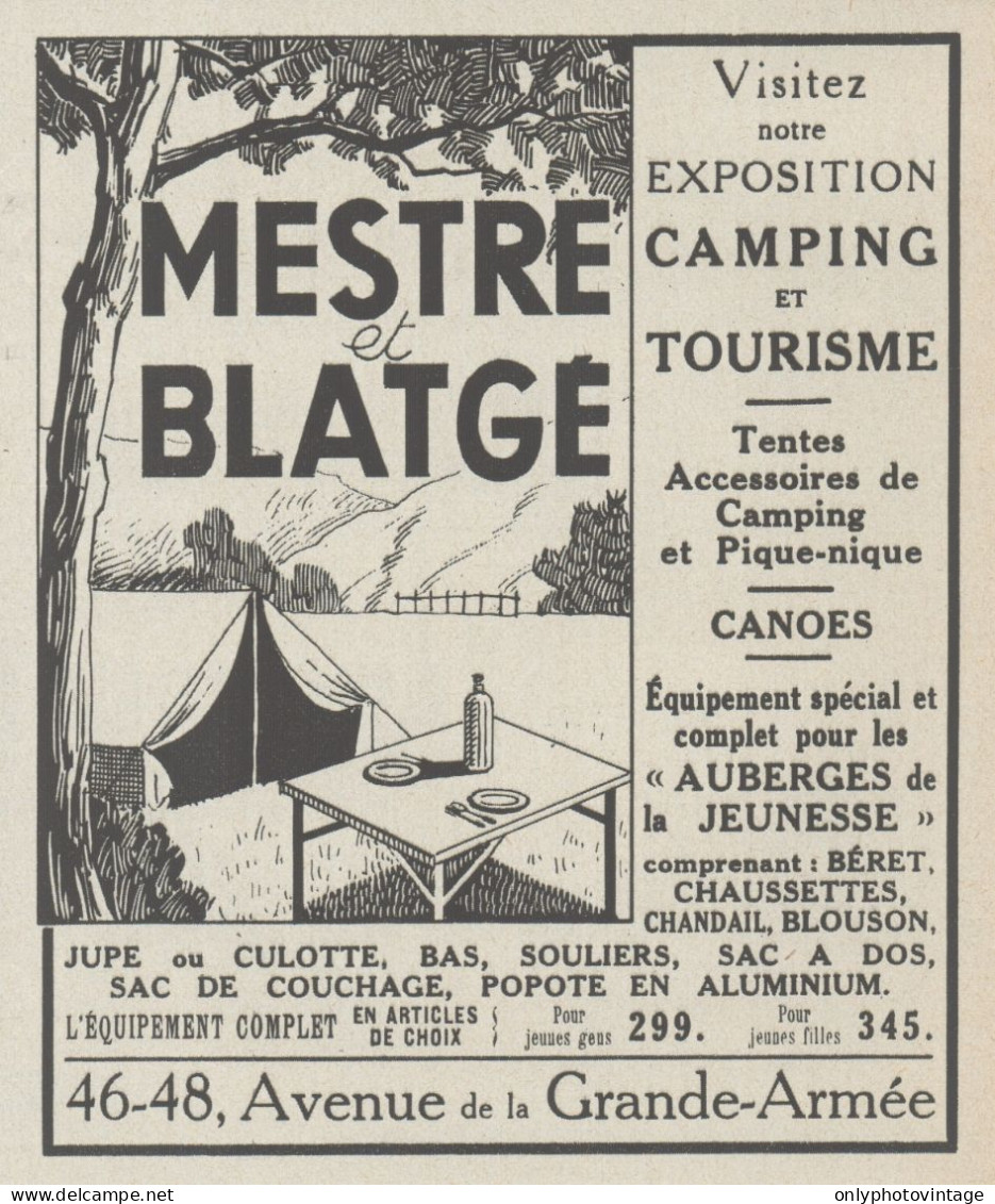 MESTRE & BLATGE - Tourisme - Camping - Pubblicità D'epoca - 1937 Old Ad - Werbung