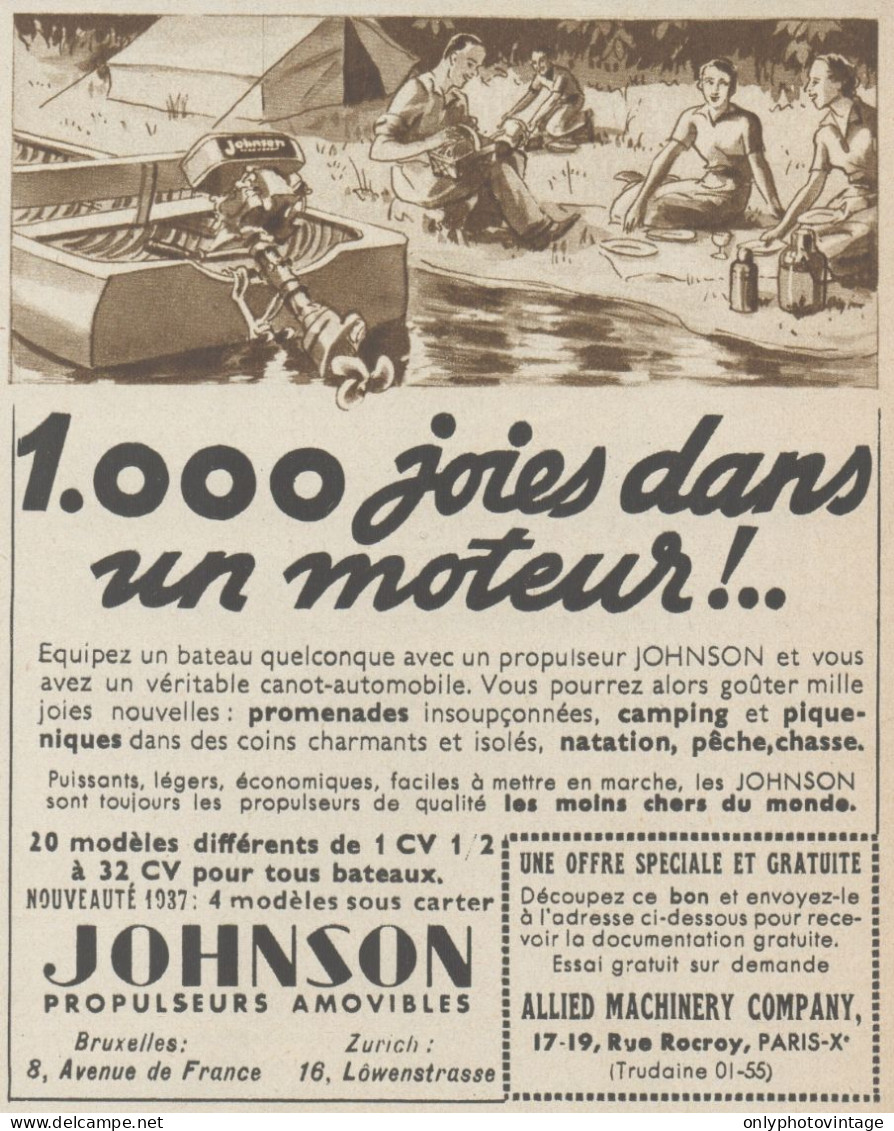 Propulseurs Amovibles JOHNSON - Pubblicità D'epoca - 1937 Old Advertising - Werbung