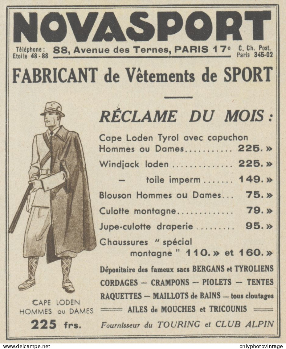 NOVASPORT Fabricant De Vetements De Sport - Pubblicità D'epoca - 1937 Ad - Werbung