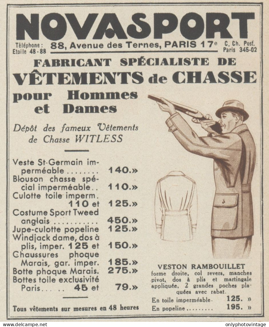NOVASPORT - Vetements De Chasse - Pubblicità D'epoca - 1937 Old Advert - Werbung
