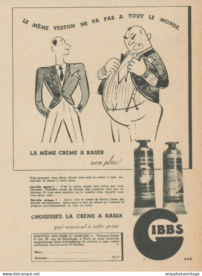 Creme A Raser GIBBS - Pubblicità D'epoca - 1937 Old Advertising - Werbung