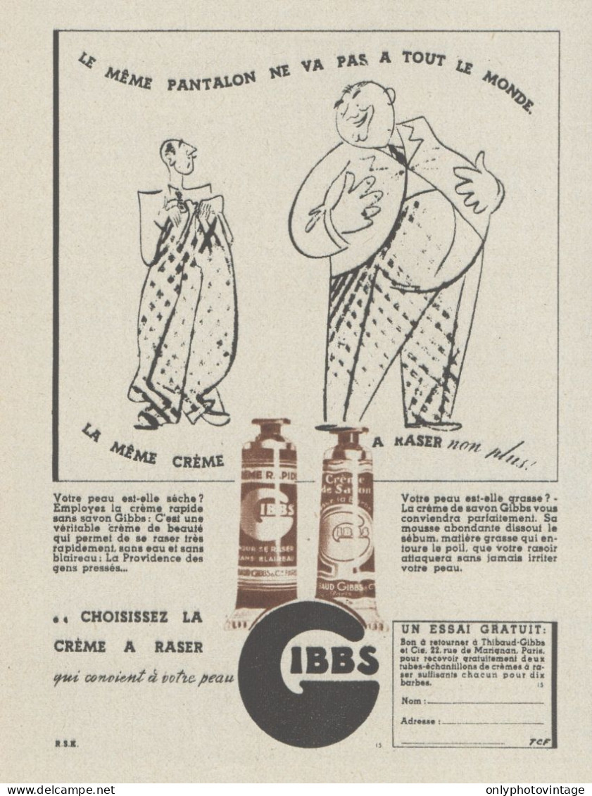 Creme A Raser GIBBS - Pubblicità D'epoca - 1937 Old Advertising - Werbung