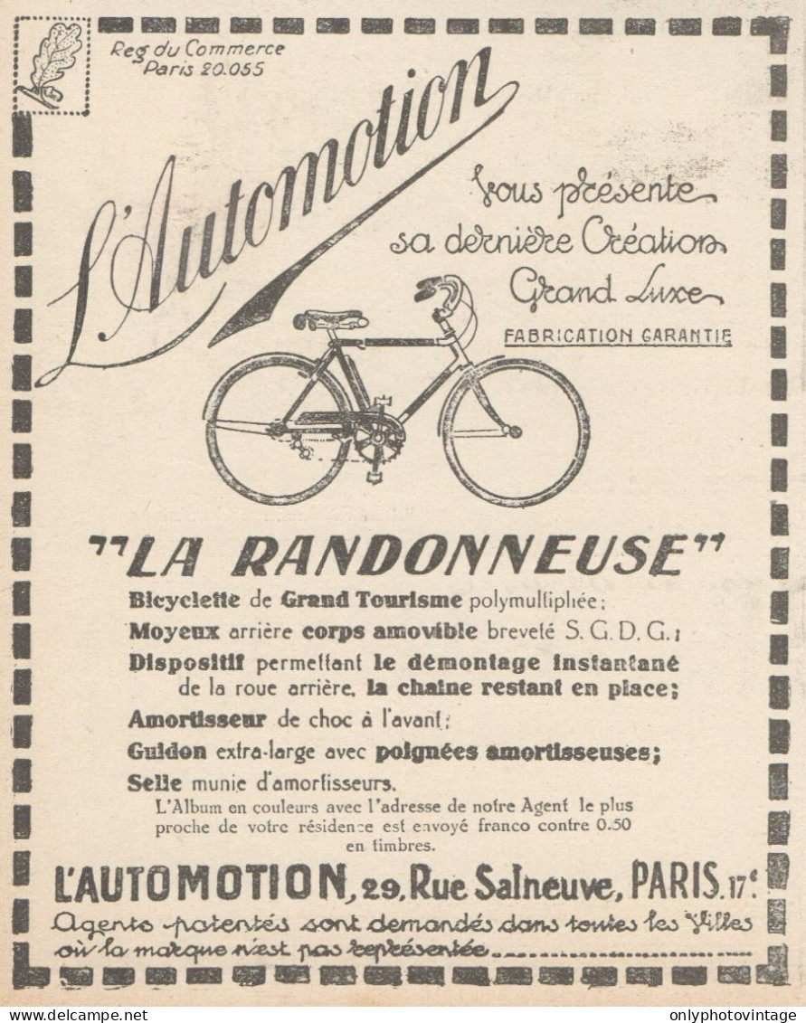 Bicyclette LA RANDONNEUSE - L'Automation - Pubblicità D'epoca - 1924 Ad - Publicités
