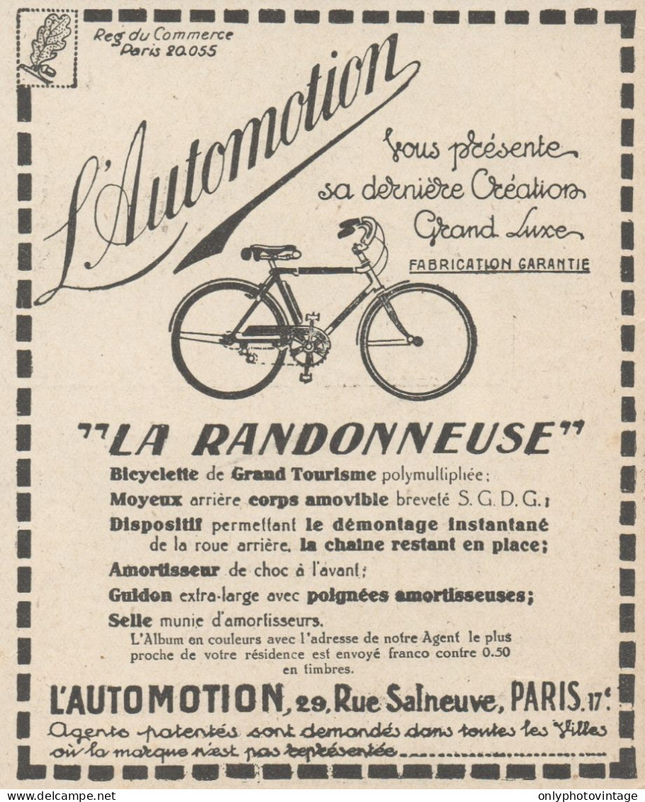 Bicyclette LA RANDONNEUSE - L'Automation - Pubblicità D'epoca - 1924 Ad - Werbung