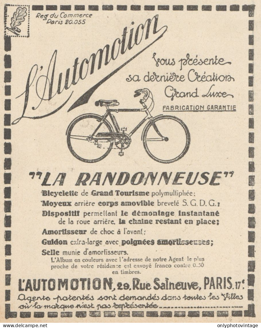 Bicyclette LA RANDONNEUSE - L'Automation - Pubblicità D'epoca - 1924 Ad - Werbung