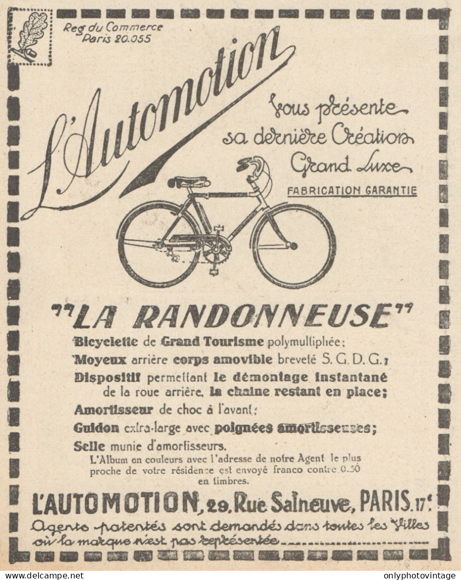 Bicyclette LA RANDONNEUSE - L'Automation - Pubblicità D'epoca - 1924 Ad - Publicités