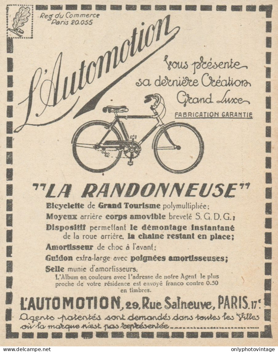 Bicyclette LA RANDONNEUSE - L'Automation - Pubblicità D'epoca - 1924 Ad - Publicités