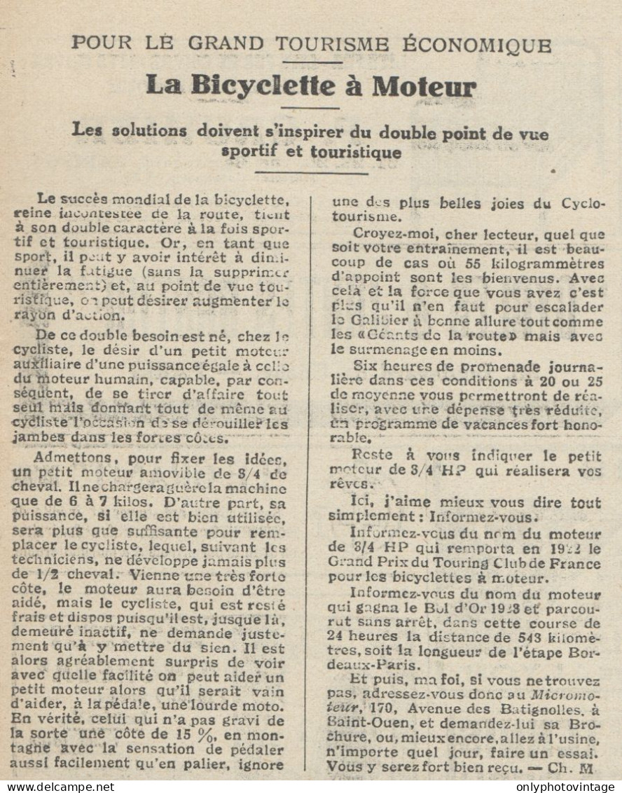 La Bicyclette à Moteur - Pubblicità D'epoca - 1923 Old Advertising - Publicités