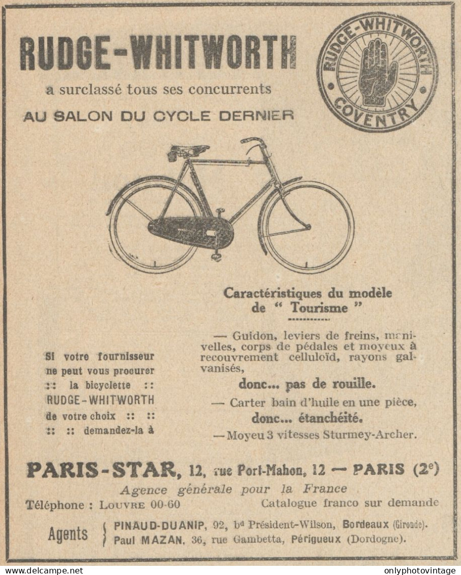 Bicyclette RUDGE-WHITWORTH - Pubblicità D'epoca - 1923 Old Advertising - Publicités