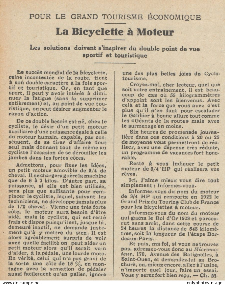 La Bicyclette à Moteur - Pubblicità D'epoca - 1923 Old Advertising - Werbung