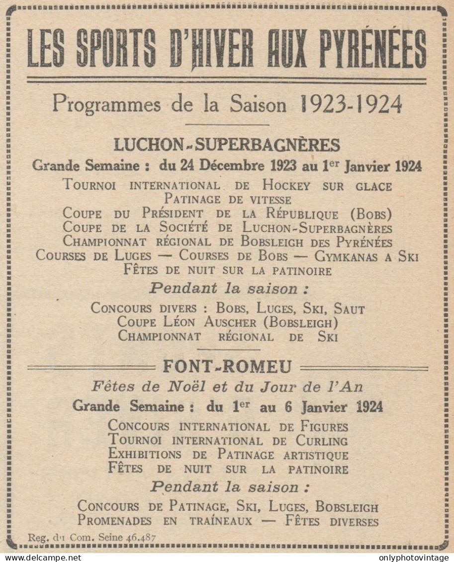 Les Sports D'Hiver Aux Pyrénées - Pubblicità D'epoca - 1923 Old Advert - Werbung