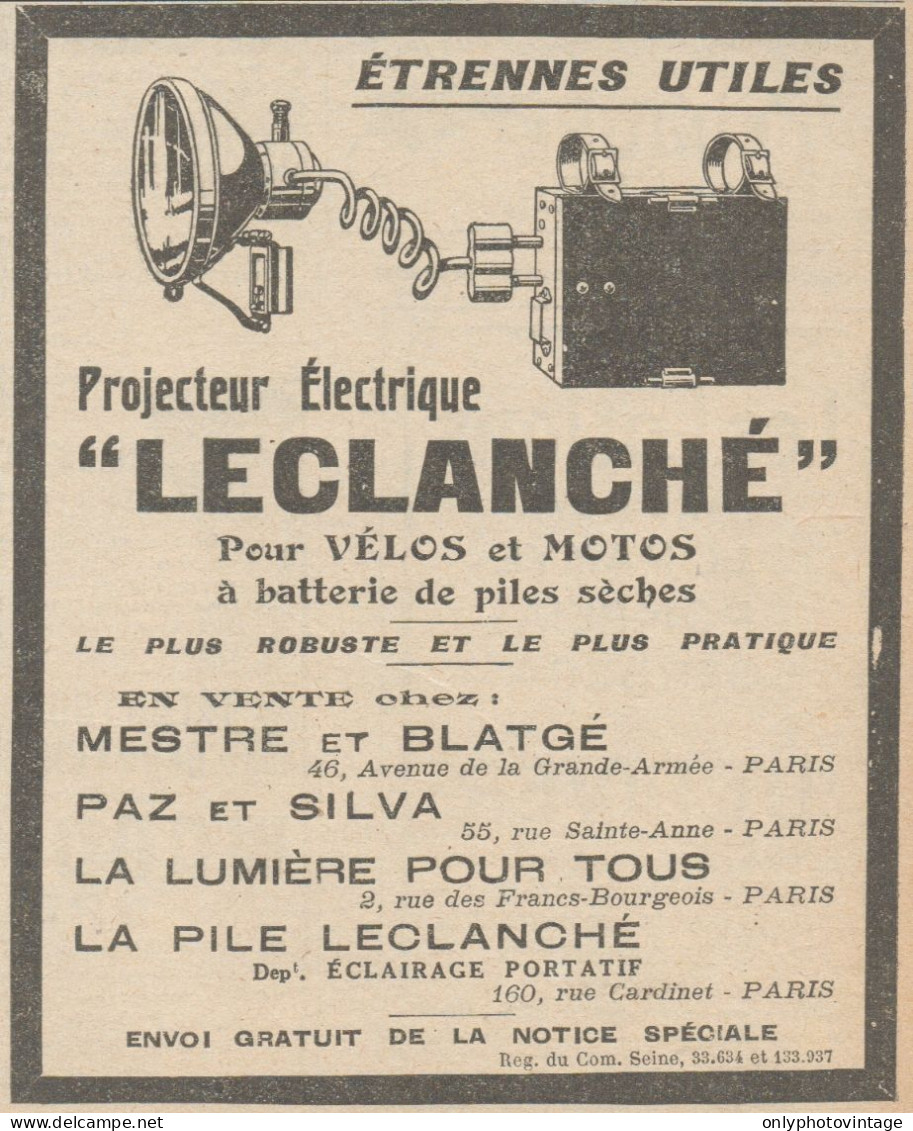 Projecteur électrique LECLANCHE - Pubblicità D'epoca - 1923 Old Advert - Publicités