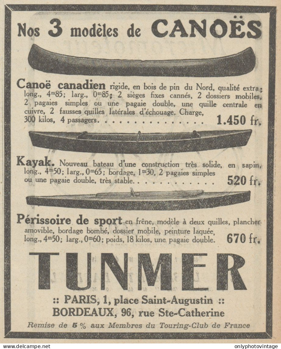 Canoes TUNMER - Pubblicità D'epoca - 1923 Old Advertising - Publicités