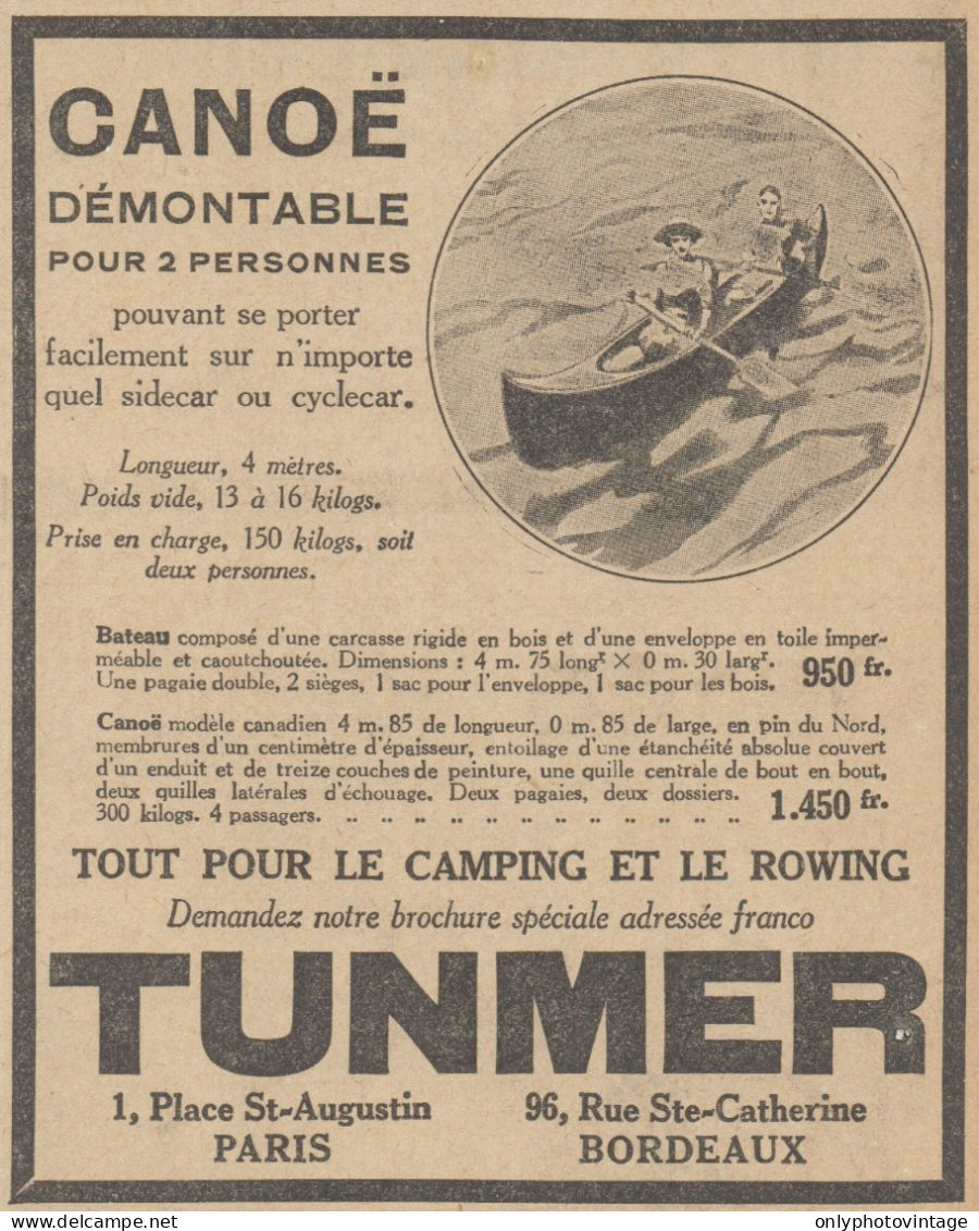Canoe Démontable TUNMER - Pubblicità D'epoca - 1923 Old Advertising - Publicités
