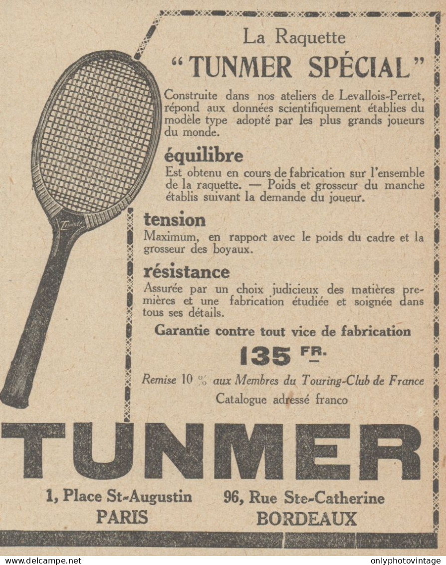 La Raquette TUNMER Spécial - Pubblicità D'epoca - 1923 Old Advertising - Werbung