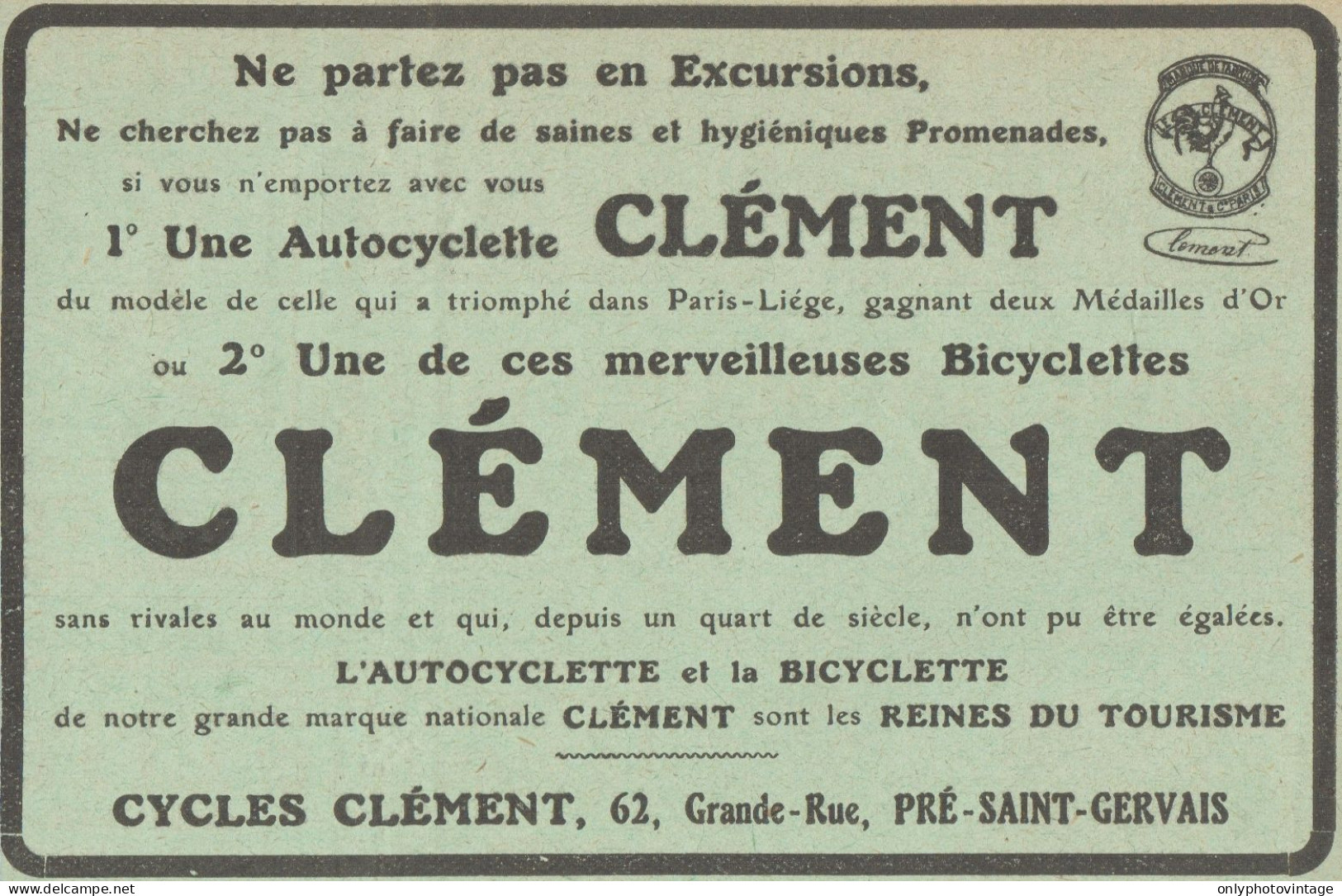 Autocyclette & Bicyclette CLEMENT - Pubblicità D'epoca - 1912 Old Advert - Publicités