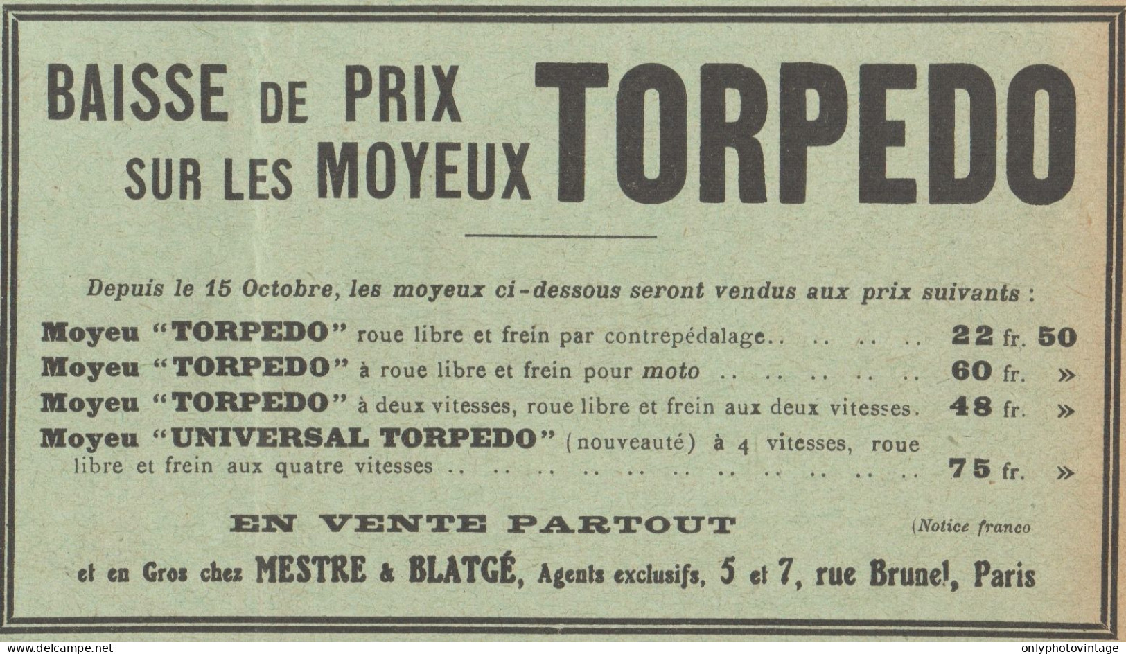 Moyeux TORPEDO - Pubblicità D'epoca - 1912 Old Advertising - Publicités