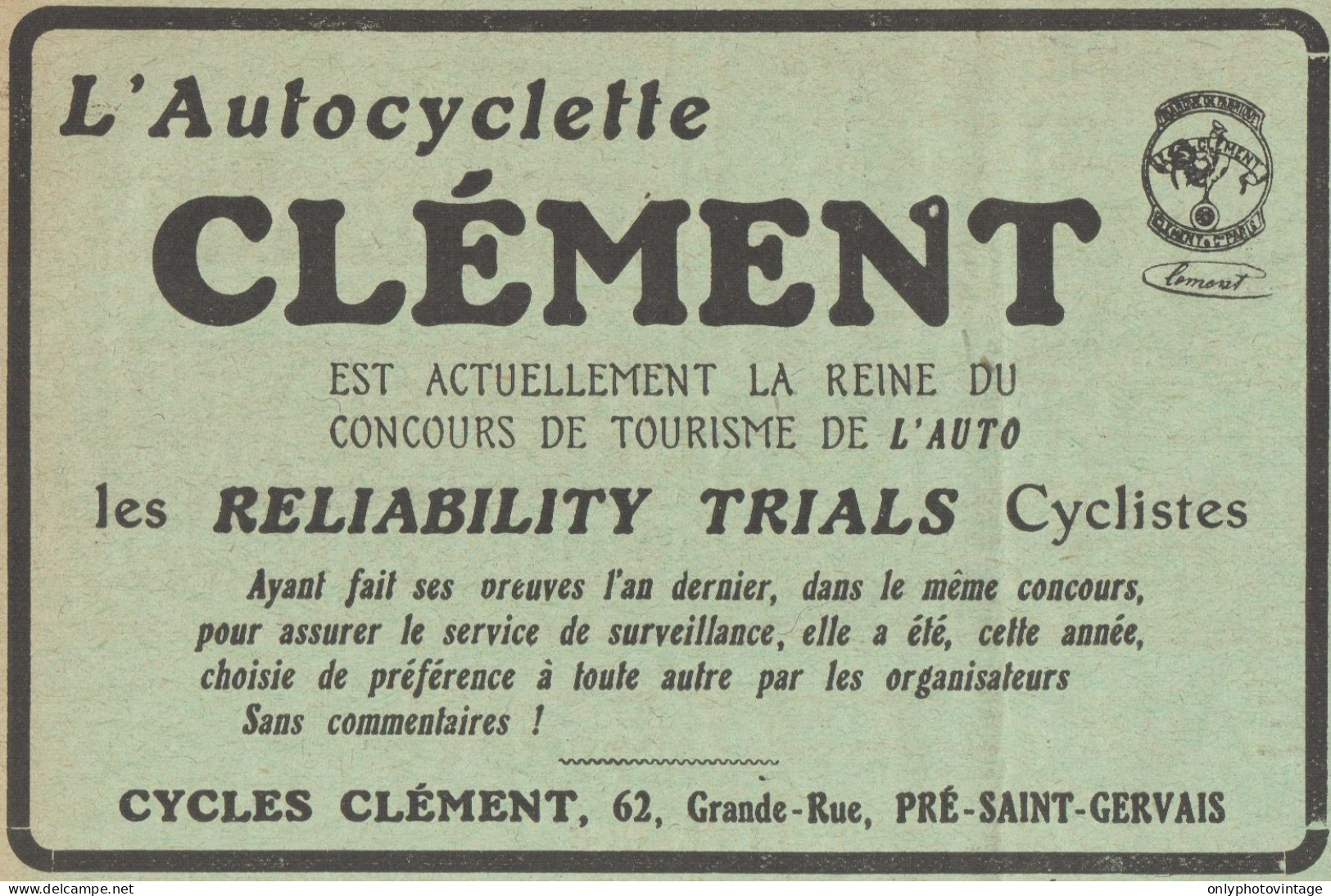 Autocyclette & Bicyclette CLEMENT - Pubblicità D'epoca - 1912 Old Advert - Publicités