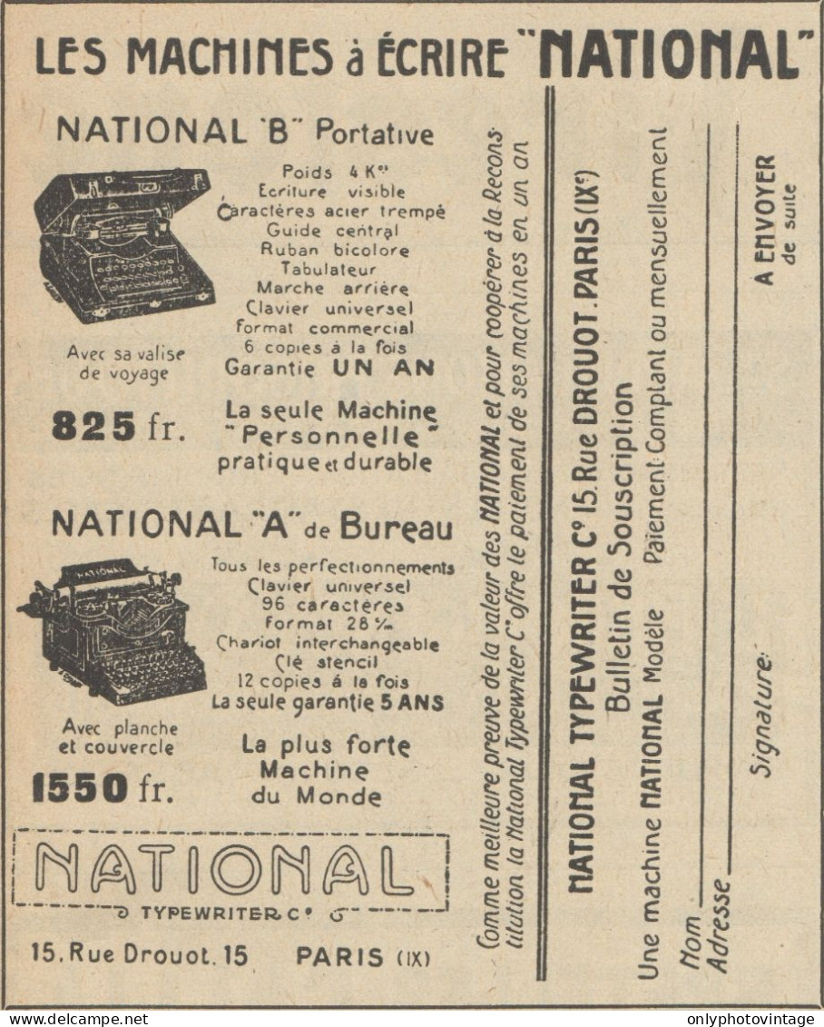 Machines à écrire NATIONAL - Pubblicità D'epoca - 1920 Old Advertising - Publicités